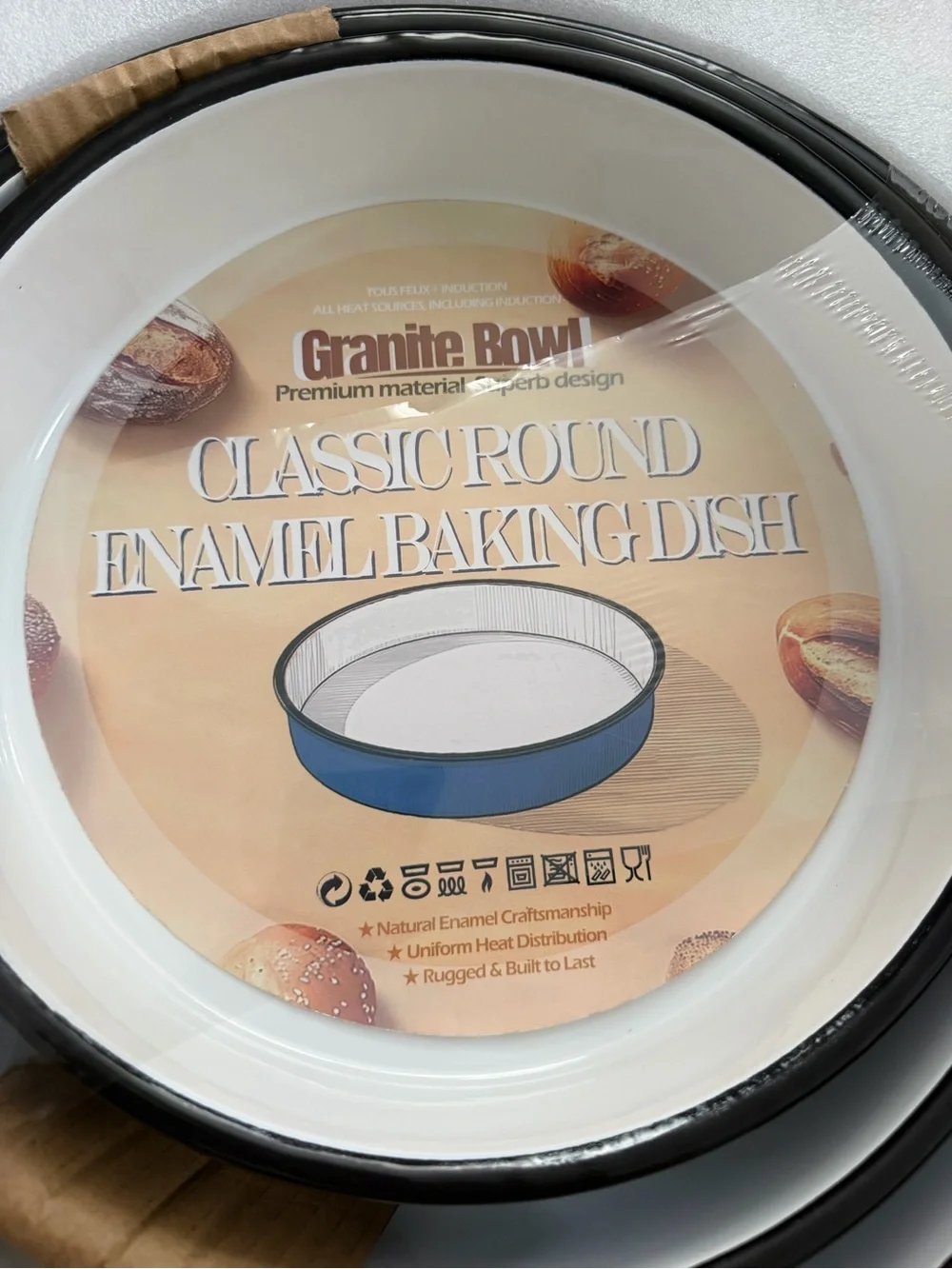 NWT Granite Bowl Classic Round Blue Enamel Baking Dishes - Set of 3 + Oven Mitt